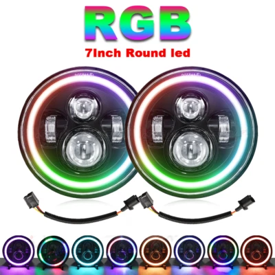 Par de faros LED redondos de 7" haz alto-bajo RGB halo para camioneta Chevrolet P10 P20 P30 Foto 1 de 4