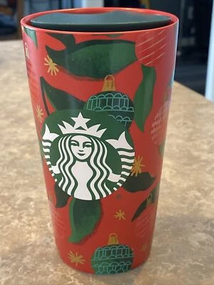 Starbucks Ceramic Travel Mug With Lid Christmas Themed Red Green 2019 12 Oz - Image 1 of 4