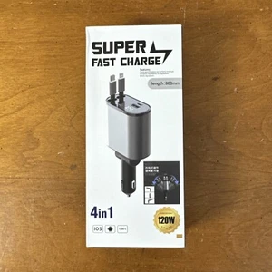 Super Fast Charge Retractable Car Charger 4 in 1 Fast Car Phone Charger 120W - Picture 1 of 5