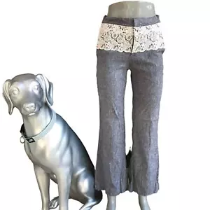 Pantaloni di lino Anthropologie Elevenses Brighton grigio panna pizzo bootcut taglia 2 - Foto 1 di 7