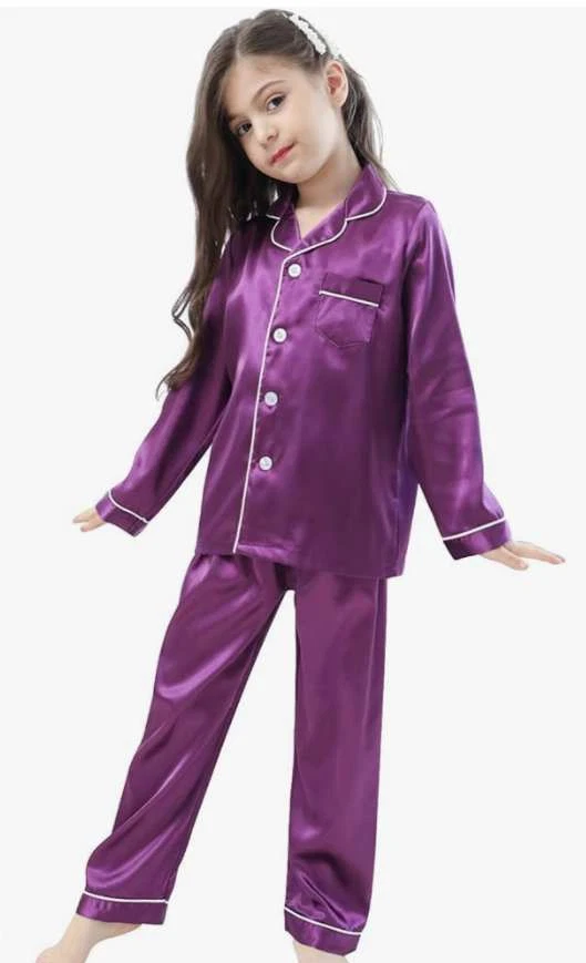 睡衣儿童 Pjs 套装女孩丝绸睡衣套装缎面长袖 2 件套。 4-12t — 第 1/4 张图片