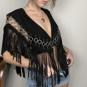 Nasty Gal Sheriff Suede Fringe Top, O-Ring Detail, Festival Wear Coachella - Picture 1 of 5