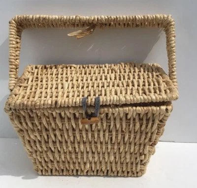 Basket Woven Raffia Square Metal Handle Lidded With Button Latch 10” Across - Image 1 of 4