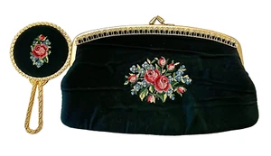 Handmade Clutch Purse And Matching Mirror Needlepoint Floral Black 8" L x 5" W - Picture 1 of 7