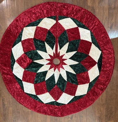 Christmas Tree Skirt Velvet Diamond Star Deep Red Green Ivory Plush - 57” - Image 1 of 4