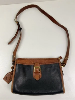 Vintage Liz Claiborne Black Pebbled Leather Crossbody Shoulder Bag W Brown Trim - Image 1 of 4