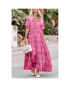 Azura Exchange Tiered Maxi Dress with Short Sleeves and V-Neck Design Women Pink - Picture 1 of 36