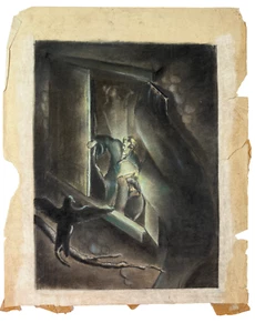 Quadro originale Thomas Lyon Russell opera d'arte gotico horror uomo e corvo EA Poe - Foto 1 di 15