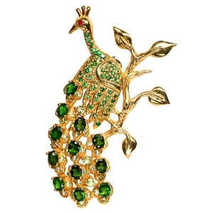 Gmestone Chrome Diopside, Tsavorite-Garnet & Peridot Peacock Brooch 925 Silver - Picture 1 of 4