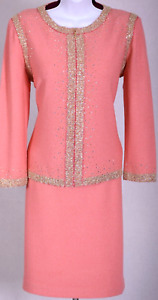 ST.JOHN Women Pink Coral Gold Studs Crystal Trim Rhinestone Jacket Skirt Sz 10