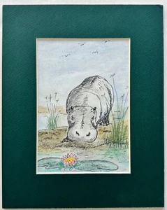 Original Illustration Hippo Hippopotamus Sniffing Lotus Flower - Picture 1 of 2