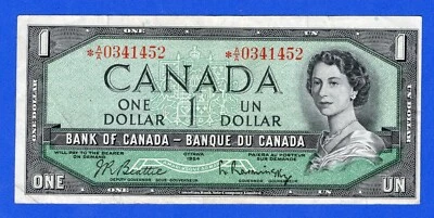 Canada $1 (1954) BC-37bA / P-74b REPLACEMENT NOTE (Circulated) *A/A 0341452 - Image 1 of 3