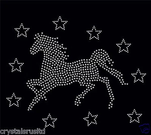 clear Horse Gallop + 10 stars iron on Rhinestone Transfer crystal applique patch - Picture 1 of 9