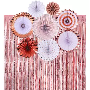 Rose Gold Paper Fans & Foil Fringe Curtain Party Decorations Set Birthday Bridal - Picture 1 of 8