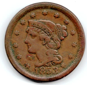 Centavo grande cabello trenzado 1853 en buen estado ~ POR FAVOR VEA EL ESCANEO stk 77 - Imagen 1 de 5