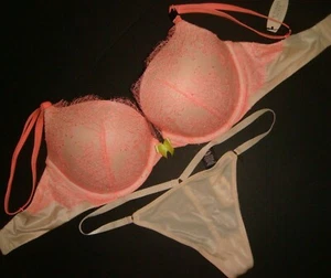 Victoria's Secret 32DD BRA SET O/S thong Nude Beige Orange Pink chantilly lace - Picture 1 of 2