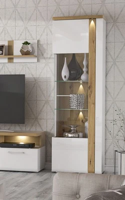 Vitrine Glasvitrine Standvitrine 66,5cm weiß hochglanz artisan eiche Mordern - Bild 1 von 4