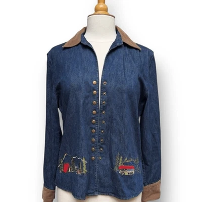 Denim Jacket Camping Embroidered Camp Scene Corduroy Collar Cuffs Blue Medium - Image 1 of 4