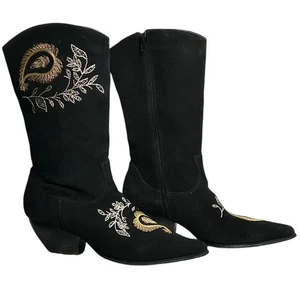 Black Suede Cowboy Western Leather Boots Gold Embroidery Fashion Womens Sz 8M - Picture 1 of 14