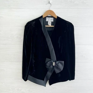 Vintage Donna Morgan - Schwarzer Samt Satin Abend Blazer Jacke Schleife Akzent, Gr. 6 - Bild 1 von 7
