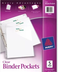 Avery Binder Pockets, 3-Hole Punched, 9 1/4 x 11, Clear, 5/Pack New & Sealed Pkg - Picture 1 of 2