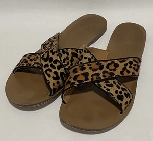 J. Crew Calf Hair Leopard Slides Flats Sandals Size 7M Criss Cross Womens Brown - Picture 1 of 7