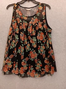Bobbie Brooks Plus Size 1X Sheer Floral Black Roses Mesh Top Sleeveless Lined - Picture 1 of 12