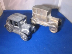 Lot of 2 Bronze Colored Cast Iron Cars one FORD former bank cars PEOPLES BANK - Picture 1 of 12