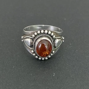 Sterling Silver .925 & Amber Ring with Small Ball Decoration ~ Size 9 - Picture 1 of 14