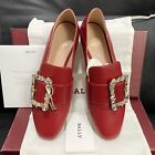 Nib Bally $950 Janelle Leather Loafers Flats Swarovski Crystal Buckle Red 37