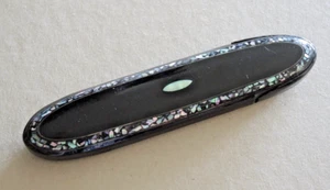 ANTIQUE PAPIER MACHE SPECTACLES CASE ABALONE PAUA SHELL INLAY FROG MOUTH #14 - Picture 1 of 4