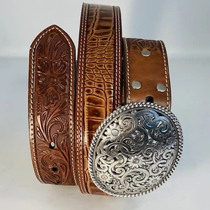 DETACHABLE SILVER ENGRAVED BUCKLE & NOONA WESTERN LEATHER BELT, TOOLED NEW 36 - Picture 1 of 12