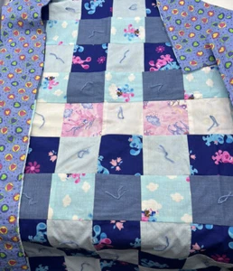 Baby Quilt Blue Pink Dog Horse Hearts Throw 35”x32” Handmade Great Winter Gift - Picture 1 of 6