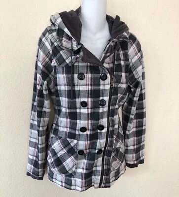 Billabong 连帽孔雀夹克女式 L 棉混纺灰色白色粉红色格子 — 第 1/4 张图片