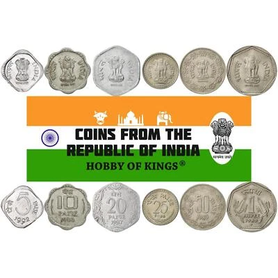 India | 6 Coin Set | 5 10 20 25 50 Paise 1 Rupee | 1982 - 1994 - Image 1 of 2