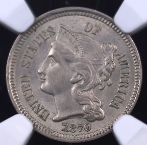 1870 THREE CENT NICKEL NGC MS 62 LIGHT SILVERY PEWTER GREY WELL STRUCK AND FREE - Picture 1 of 3