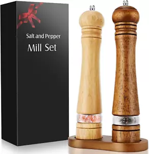 Wooden Salt and Pepper Grinder Set 2 Pcs Large 10" Refillable Pepper Mills With - Picture 1 of 1
