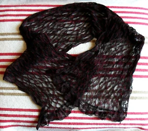 Vintage 90s French Long LACE Burgundy Black Red SCARF w/ Floral Scalloped Ruffle - Picture 1 of 8