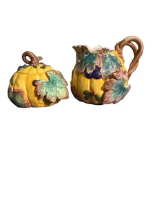 FITZ & FLOYD 1993 Pumpkin Sugar Bowl W/Lid and Creamer Leaves Autumn Harvest - Picture 1 of 6
