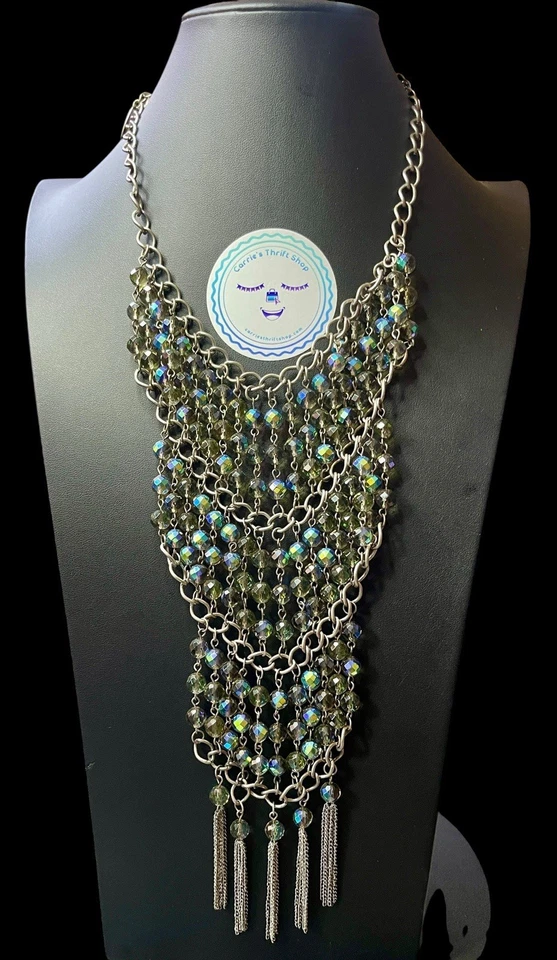 Coldwater Creek AB 水晶分层围兜声明 32 英寸银色项链 VGUC — 第 1/4 张图片