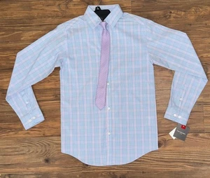 Boys Size 10/12 Pastel Blue Pink Button Up Long Sleeve With Tie Special Occasion - Picture 1 of 8