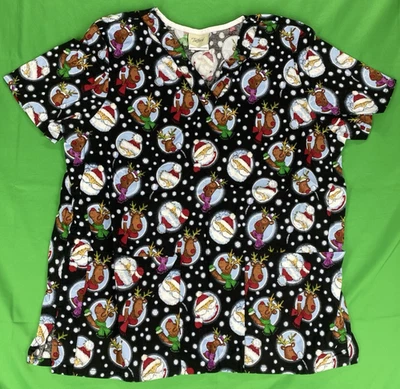 Large Christmas Rudolf Santa Tafford Scrub Top - Image 1 of 4