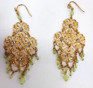 Earrings, Pierced Gold tone Filigree with Inset Crystals Dangling Green Beads - Picture 1 of 1