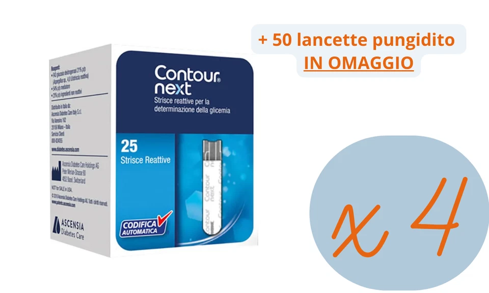 4 confezioni da 25 strisce Contour Next per la misurazione della glicemia