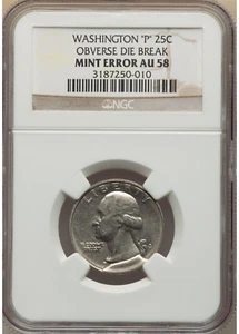 WASHINGTON QUARTER, DIE BREAK, 🌟HUGE OBVERSE CUD 🌟🌟ERROR COIN NGC AU 58 Phil - Picture 1 of 2