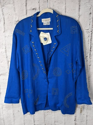 Blazer Adam Douglas Adrianna Papell 100 % lino M mediano azul dorado tachonado nuevo con etiquetas Foto 1 de 4