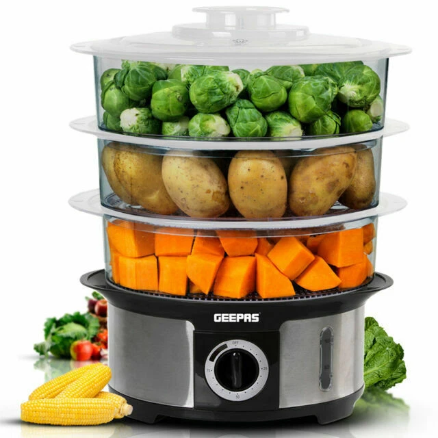 GEEPAS GFS63025UK 1000W 3-Tier Electric Food Steamer - Black/Silver