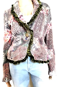 Alberto Makali Jacket Blazer Jungle print Knit Velour Lace Green Ruffle L Sz - Picture 1 of 9