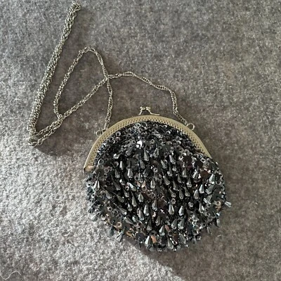 "Bolso clutch de noche vintage negro plateado gris lentejuelas con cuentas 7x7""" Foto 1 de 4