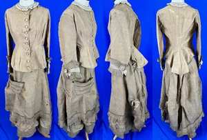 Victorian Ecru Tan Wool Challis Pleated Bow Trim Bodice Bustle Over Skirt Dress - Picture 1 of 3